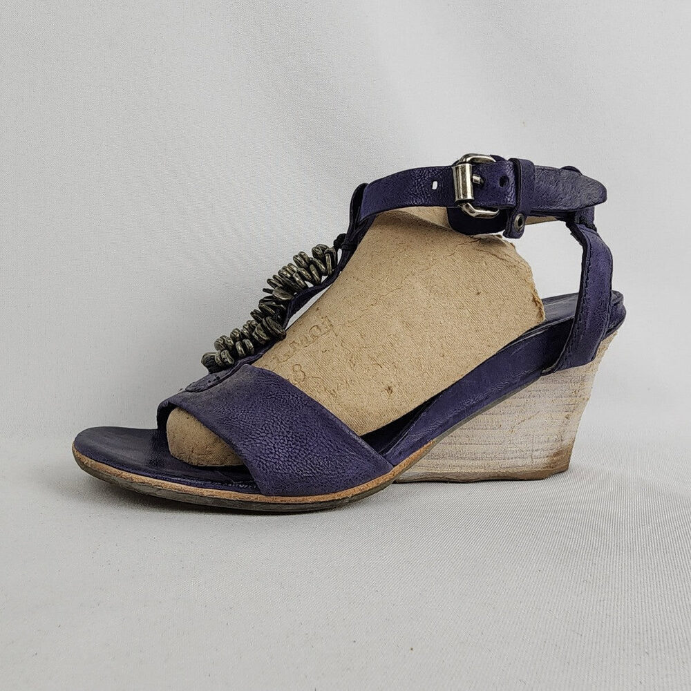 AS98 Violet Purple Leather Wedge Heel Sandals Size 8